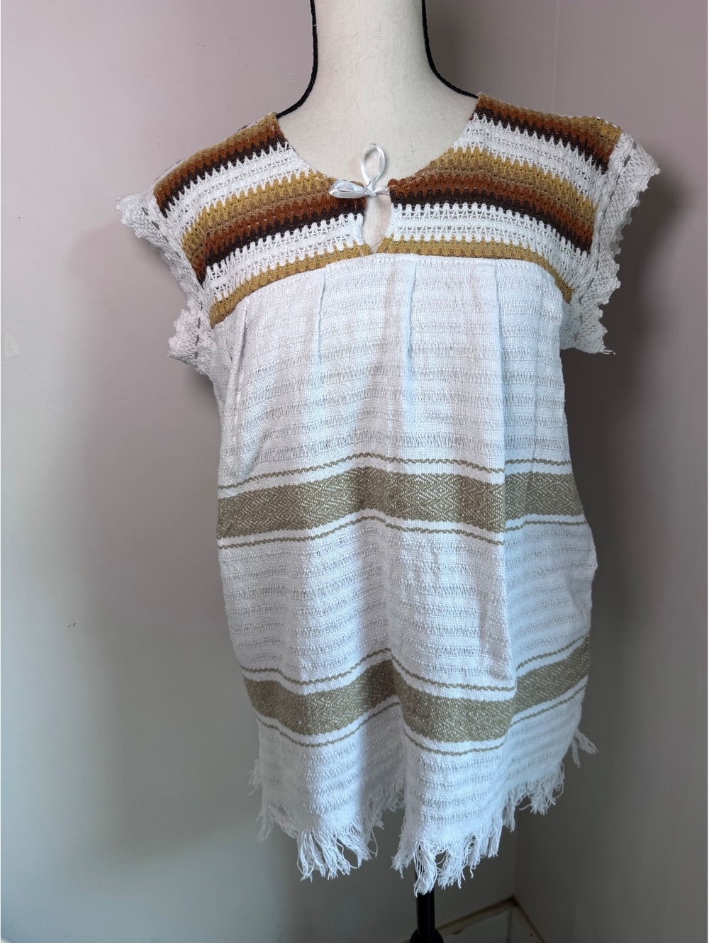 Boho Mexican Peasant-Style White Blouse with Multicolored Embroidery, Size Small